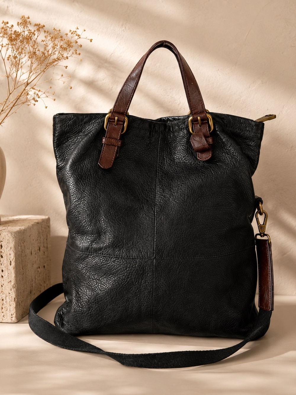 Fossil Black Leather Tote Crossbody Bag Convertible Shopper Work Travel